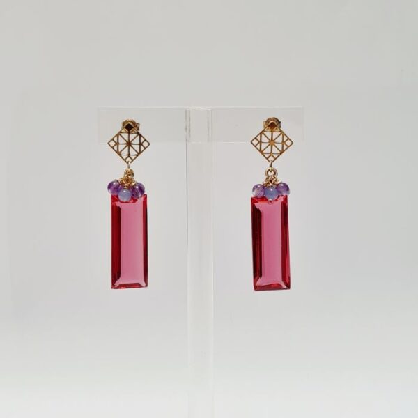 Boucles d'oreilles en quartz rubellite, améthyste et calcédoine